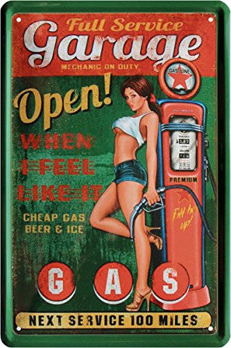 WOGEKA ART Retro Blechschild Full Service Garage Gas Station Highway Pin Up Girl witziger Spruch als Geschenk-Idee zum Geburtstag Weihnachten zur Dekoration 20x30 cm Vintage-Design aus Metall 45 von WOGEKA ART