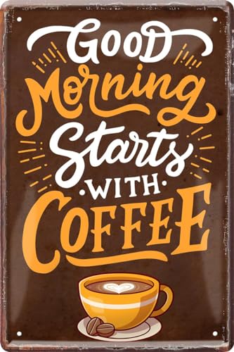 WOGEKA ART Retro Blechschild - Good morning starts with coffee - witziger Spruch als Geschenk-Idee zum Geburtstag Weihnachten zur Dekoration 20x30 cm Vintage-Design aus Metall 1395 von WOGEKA ART