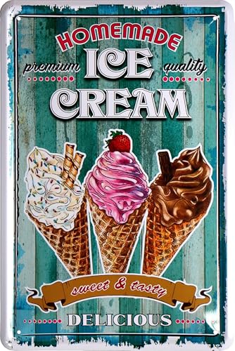 WOGEKA ART Retro Blechschild - Homemade Icecream - lustiger Spruch als Geschenk-Idee zur Deko, 20 x 30 cm, aus Metall im Vintage Design 1563 von WOGEKA ART