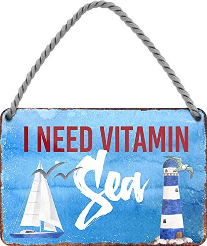 WOGEKA ART Retro Blechschild - I need Vitamin Sea - Ostsee - witziger Spruch als Geschenk-Idee Geburtstag Weihnachten Dekoration 18x12 cm Vintage-Design Hänge-Schild Metall HS360 von WOGEKA ART