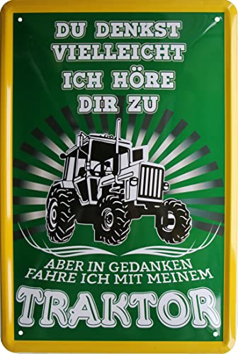 WOGEKA ART Retro Blechschild - In Gedanken fahre ich mit meinem Traktor - Landwirt - witziger Spruch als Geschenk-Idee zum Geburtstag Weihnachten Deko 20x30 cm Vintage-Design 782 von WOGEKA ART