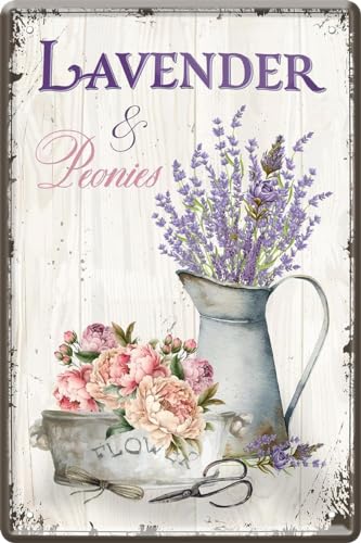 WOGEKA ART Retro Blechschild - Lavender & Peonies - witziger Spruch als Geschenk-Idee zum Geburtstag Weihnachten zur Dekoration 20x30 cm Vintage-Design aus Metall 299 von WOGEKA ART
