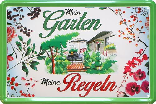 WOGEKA ART Retro Blechschild - Mein Garten - Meine Regeln - lustiger Spruch als Geschenk-Idee zur Deko, 20 x 30 cm, aus Metall im Vintage Design 320 von WOGEKA ART