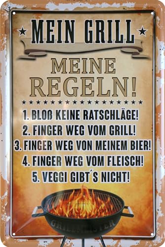 WOGEKA ART Retro Blechschild - Mein Grill Meine Regeln - lustiger Spruch als Geschenk-Idee für Grill-Fans zur Deko, 20 x 30 cm, aus Metall im Vintage Design 09 von WOGEKA ART