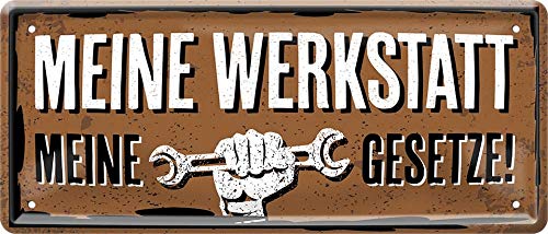 WOGEKA ART Retro Blechschild - Meine Werkstatt, meine Gesetze Garage - witziger Spruch als Geschenk-Idee zum Geburtstag Weihnachten Dekoration 28x12 cm Vintage-Design Metall 1811 von WOGEKA ART