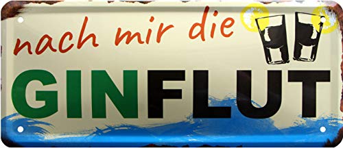 WOGEKA ART Retro Blechschild - Nach mir die Gin Flut - Gin Tonic - witziger Spruch als Geschenk-Idee zum Geburtstag Weihnachten zur Dekoration 28x12 cm Vintage-Design Metall 1542 von WOGEKA ART