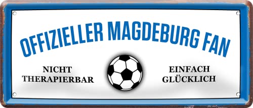WOGEKA ART Retro Blechschild - Offizieller Magdeburg Fan - einfach glücklich - witziger Spruch als Geschenk-Idee zu Geburtstag Weihnachten zur Deko 28x12 cm Vintage-Design Metall 2336 von WOGEKA ART
