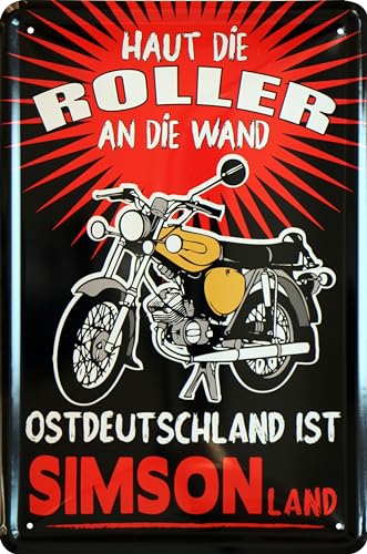 WOGEKA ART Retro Blechschild - Ostdeutschland ist Simsonland - Ostalgie Schild als Geschenk-Idee für SIMSON-FANS, als WERKSTATT-Deko, 20 x 30 cm, aus Metall im Vintage Design 916 von WOGEKA ART