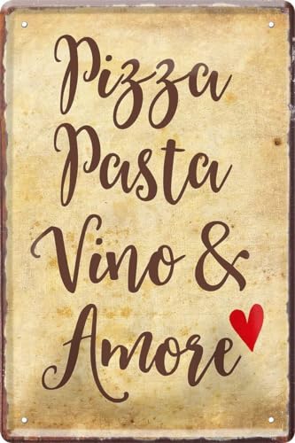 WOGEKA ART Retro Blechschild - PIZZA PASTA VINO & AMORE - Lustiger Spruch als Geschenkidee für ITALIEN Fans zu Geburtstag Weihnachten als Deko Schild 20x30 cm Vintage Metallschild 203 von WOGEKA ART