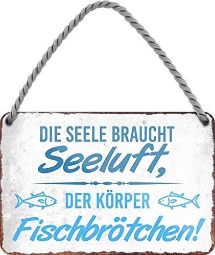 WOGEKA ART Retro Blechschild - Seele braucht Seeluft, der Körper Fischbrötchen - witziger Spruch Geschenk-Idee zum Geburtstag Weihnachten 18x12 cm Vintage-Design Hänge-Schild HS361 von WOGEKA ART