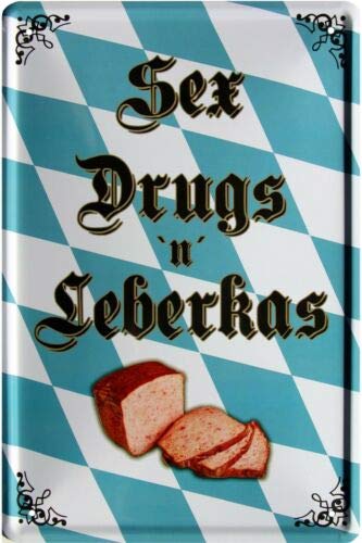 WOGEKA ART Retro Blechschild Sex Drugs n Leberkas Bayern Bayrisch witziger Spruch als Geschenk-Idee zum Geburtstag Weihnachten zur Dekoration 20x30 cm Vintage-Design aus Metall 1601 von WOGEKA ART