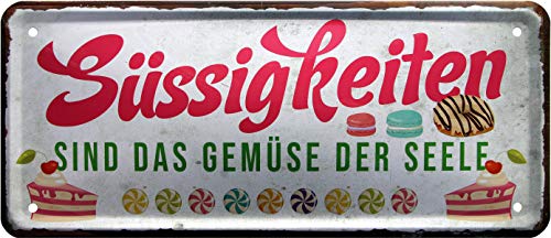 WOGEKA ART Retro Blechschild - Süßigkeiten sind das Gemüse für die Seele - witziger Spruch Geschenk-Idee Geburtstag Weihnachten Dekoration 28x12 cm Vintage-Design Metall 1530 von WOGEKA ART