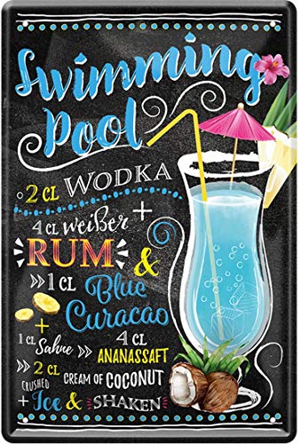 WOGEKA ART Retro Blechschild Swimming Pool Cocktail Rezept Wodka Weißer Rum witziger Spruch als Geschenk-Idee zum Geburtstag Weihnachten zur Dekoration 20x30 cm Vintage-Design aus Metall 1854 von WOGEKA ART