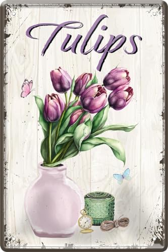 WOGEKA ART Retro Blechschild - Tulips Tulpen - witziger Spruch als Geschenk-Idee zum Geburtstag Weihnachten zur Dekoration 20x30 cm Vintage-Design aus Metall 823 von WOGEKA ART