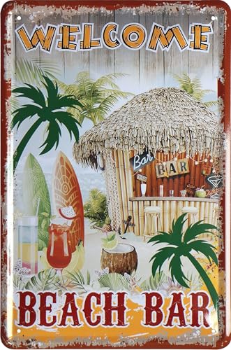 WOGEKA ART Retro Blechschild - Welcome Beach Bar - lustiger Spruch als Geschenk-Idee zur Deko, 20 x 30 cm, aus Metall im Vintage Design 1497 von WOGEKA ART