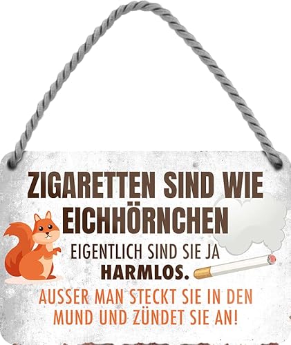 WOGEKA ART Retro Blechschild - ZIGARETTEN sind wie EICHHÖRNCHEN - Lustiger Spruch als Geschenkidee für RAUCHER zu Geburtstag, Weihnachten als Deko Schild 18x12 cm Metall Hängeschild HS1048 von WOGEKA ART