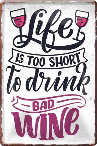 WOGEKA ART Retro Blechschild - life is too short to drink bad wine - witziger Spruch als Geschenk-Idee zum Geburtstag Weihnachten zur Dekoration 20x30 cm Vintage-Design aus Metall 1373 von WOGEKA ART