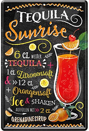 Tequila Sunrise Cocktail Rezept Tequila Zitronensaft Orangensaft Grenadinensirup Ice 20 x 30 cm Bar Party Keller Deko Blechschild 2008 von WOGEKA ART