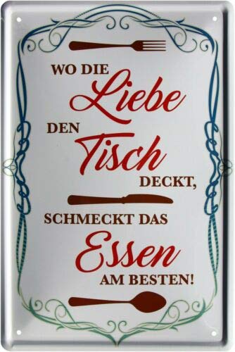 WOGEKA ART Retro Blechschild - Wo die Liebe den Tisch deckt, Essen - witziger Spruch als Geschenk-Idee zum Geburtstag Weihnachten zur Dekoration 20x30 cm Vintage-Design Metall 1133 von WOGEKA ART