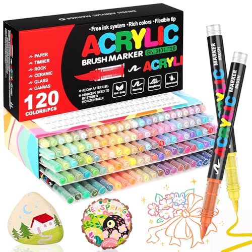 WOGOPRO 120 Farben Acrylstifte für Steine Wasserfest, 1-5mm Pinsel Acrylmarker, Acrylic Marker Set für Holz, Leinwand, Stein, Keramik, Glas, Stoff, Acrylstifte Paint Marker für Ostern und Weihnachten von WOGOPRO