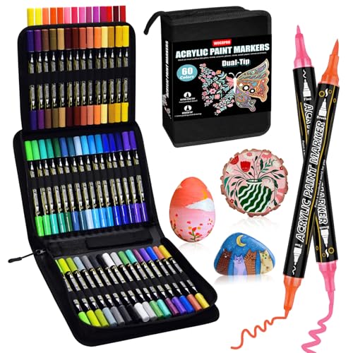 WOGOPRO Acrylstifte für Steine Wasserfest, 60 Farben Dual Tip Acrylic Marker für Steine Bemalen Holz Stein Stoff Leinwand Glas Keramik, Acrylic Paint Marker Set mit einer Tasche von WOGOPRO