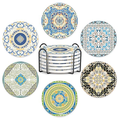 WOGYOZKA 6-teiliges Keramik-Untersetzer-Set for Getränke Saugfähiges Metallhalter-Set rutschfeste Unterseite Aus Kork Porzellan for Zuhause Büro Kaffeebar Tisch Rustikale Geschenke von WOGYOZKA