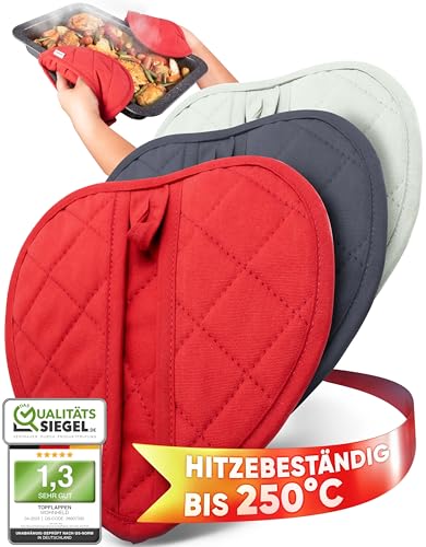 WOHNHELD® Ofenhandschuhe & Topflappen Set - 2 Stück - Extrem hitzebeständig 250° C - Waschmaschinen geeignet - Topflappen Handschuh - Topfhandschuhe Topfuntersetzer - 20 x 20 cm - Rot Herz von WOHNHELD