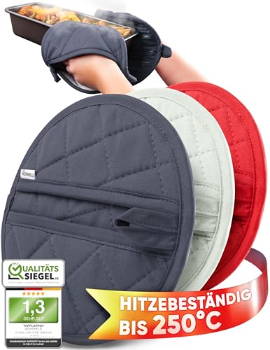 WOHNHELD® Ofenhandschuhe & Topflappen Set - 2 Stück - Extrem hitzebeständig 250° C - Waschmaschinen geeignet - Topflappen Handschuh - Topfhandschuhe Topfuntersetzer - 20 x 20 cm - Grau Rund von WOHNHELD