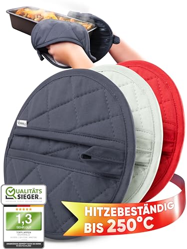 WOHNHELD® Topflappen Set | Extrem hitzebeständig bis 250 °C | Hochwertige & weiche Baumwolle | Ofenhandschuhe Topfuntersetzer Grau von WOHNHELD