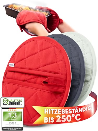 WOHNHELD® Topflappen Set | Extrem hitzebeständig bis 250 °C | Hochwertige & weiche Baumwolle | Ofenhandschuhe Topfuntersetzer Rot von WOHNHELD