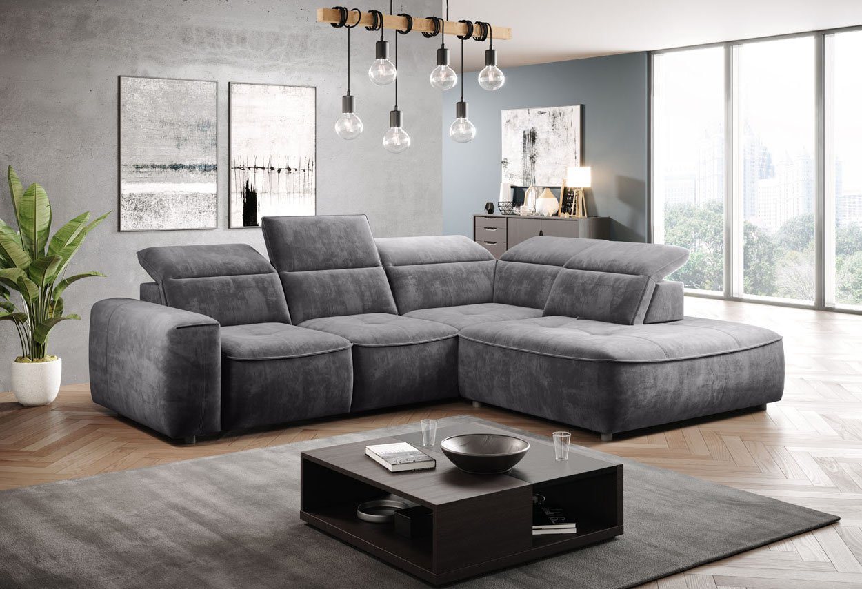 WOHNKLUSIV Ecksofa Design Ecksofa FERRARA, Bettkasten, elektrische Sitztiefenverstellung, elektrische Sitztiefenverstellung, verstellbare Kopfstützen von WOHNKLUSIV