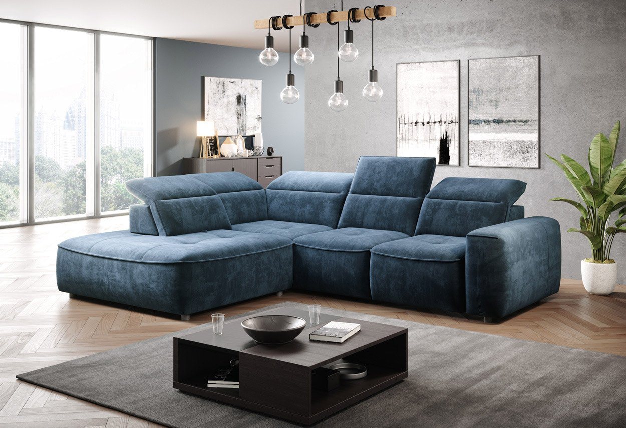 WOHNKLUSIV Ecksofa Design Ecksofa FERRARA, Bettkasten, elektrische Sitztiefenverstellung, elektrische Sitztiefenverstellung, verstellbare Kopfstützen von WOHNKLUSIV