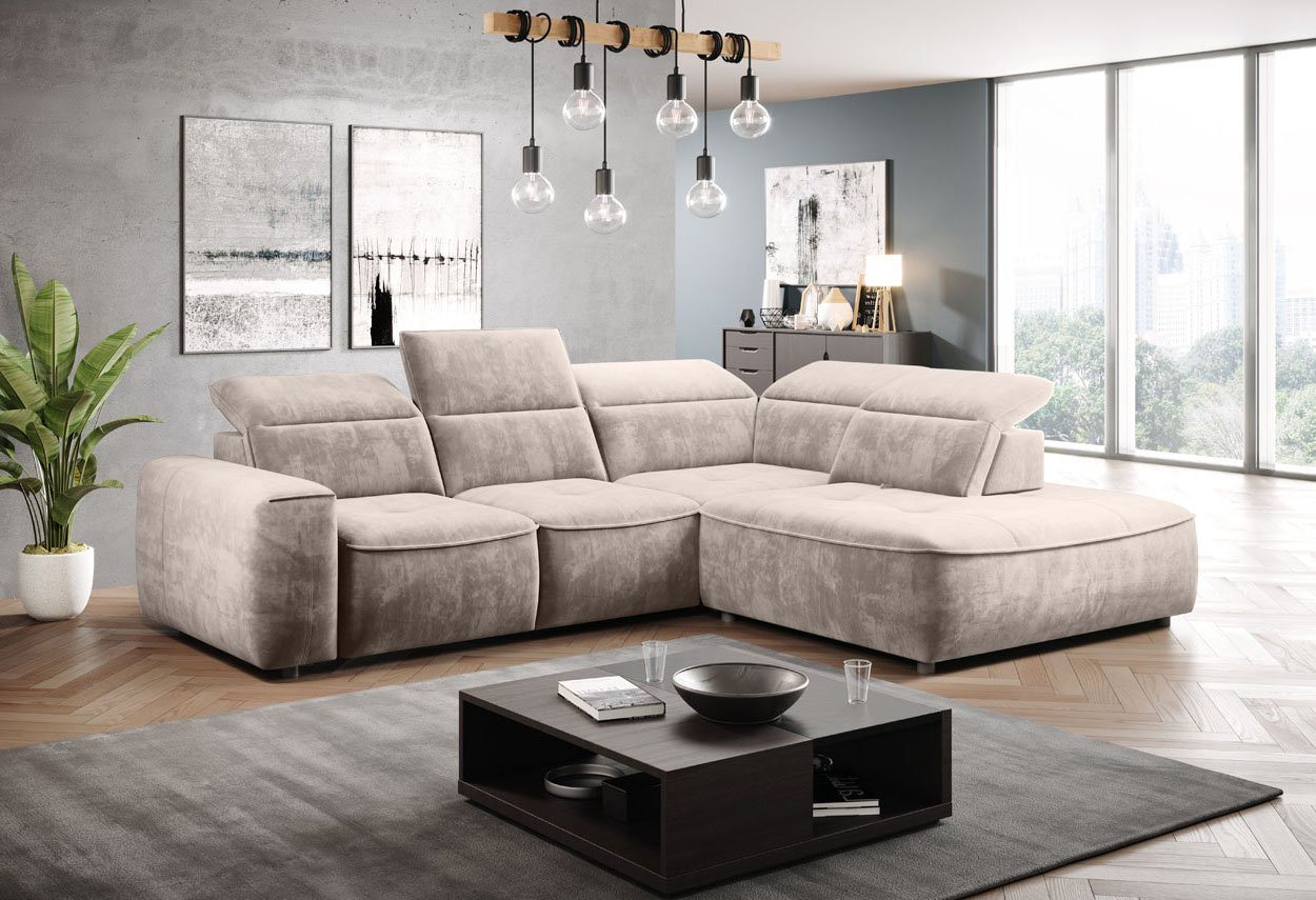 WOHNKLUSIV Ecksofa Design Ecksofa FERRARA, Bettkasten, elektrische Sitztiefenverstellung, elektrische Sitztiefenverstellung, verstellbare Kopfstützen von WOHNKLUSIV