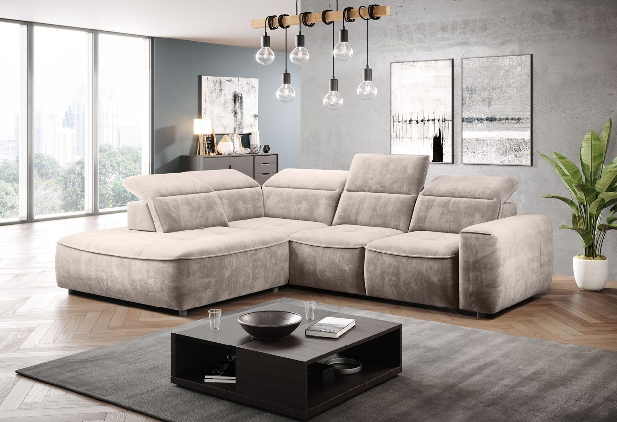 WOHNKLUSIV Ecksofa Design Ecksofa FERRARA, Bettkasten, elektrische Sitztiefenverstellung, elektrische Sitztiefenverstellung, verstellbare Kopfstützen von WOHNKLUSIV