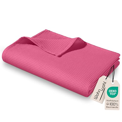 WOHNWOHL® Tagesdecke (150x200cm) • Leichte Waffelpique Decke • 100% Baumwolle • Sommerdecke • Sofa-Decke • Pflegeleichte Wohndecke • Überwurfdecke • Baumwolldecke • Farbe: Rosa von WOHNWOHL