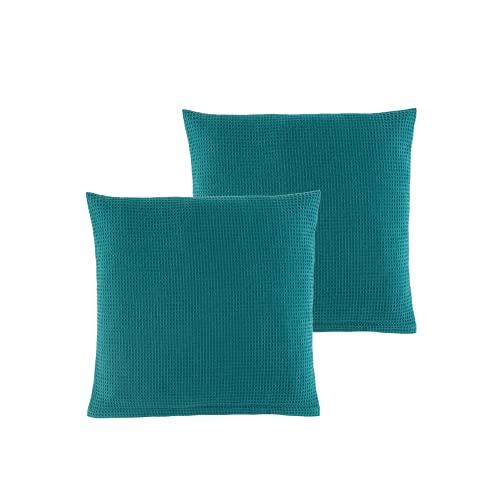 WOHNWOHL® Waffel Piqué Kissenhülle (45x45 cm / 2er Pack) • Kissenbezug aus 100% Baumwolle • Sofakissenbezug • Waffelpique Dekokissenhülle • Couchkissen Hülle • Farbe: Petrol von WOHNWOHL