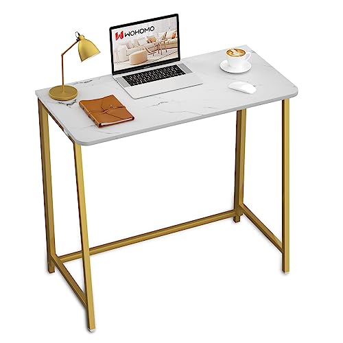 WOHOMO Kleiner Schreibtisch Klappbar 100 cm, Klappschreibtisch für Kleine Räume, Faltbarer Tisch Platzsparender Büro Computertisch, Weiß und Gold von WOHOMO