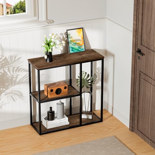 WOHOMO Konsolentisch, Kleiner Eingangstisch mit Ablagen, 30 cm, schmaler Sofatisch, moderner Flurtisch für Wohnzimmer, 80 x 30 x 80 cm, Walnuss von WOHOMO