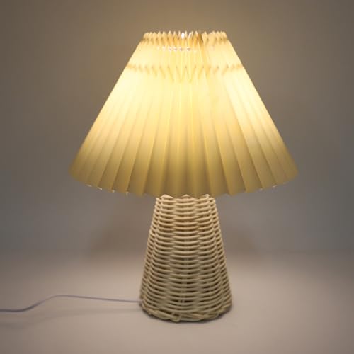 Minimalistischer Lampensockel, Moderner Beige Plissee-Tischlampe mit Fernbedienung, Nachttischlampe für Nachttisch, Plissierte Tischlampe aus Korbgeflecht für Heimbüro, Schlafzimmer, Wohnzimmer von WOHPNLE