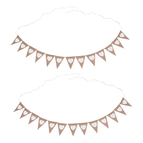 Wohpnle 2pcs dreieckiges Flaggen Banner, weiße Liebe Herz Brown Burlleinen Flagge für Partydekorationen Hochzeit Geburtstag im Freien Garten Klassenzimmer Dekoration von WOHPNLE
