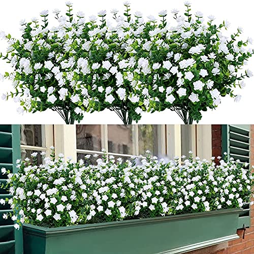 6 Bündel Künstliche Blumen im Freien, UV-beständig, im Freien, künstliche Pflanzen Blume in großen Mengen zum Aufhängen von Pflanzgefäßen, draußen, Veranda, Vase, Zuhause, Fensterdekoration,Weiß von WOIRROIP