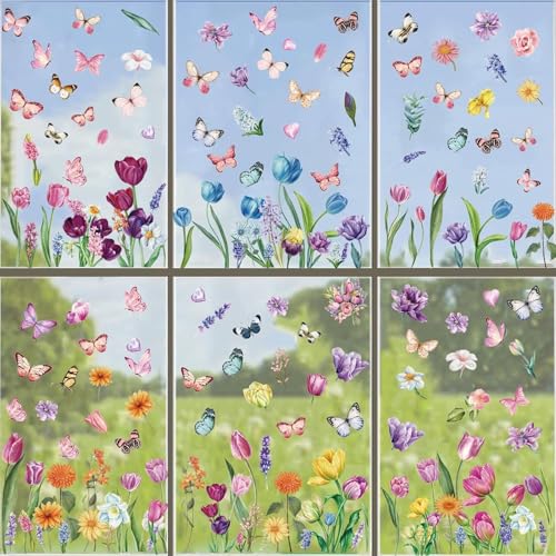 18 Blatt Fensterdeko Blumen & Schmetterlinge Fensterfolie Blumen, Selbstklebend WiederverwendbarIdeal Fenstersticker Aufkleber Fensterfür Frühling/Sommer, Glas Badezimmer Kinderzimmer von WOKICOR