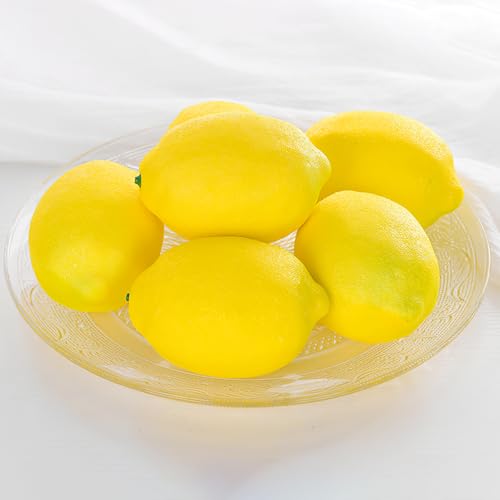 WOKICOR 6er Set Künstliche Zitronen Deko,Realistische Gelbe Faux Obst für Tischdeko,Zitronendeko Perfekt für Küche Sommerparty & Centerpieces, Zitronen Dekorationen Zitrone Deko Party Obst von WOKICOR