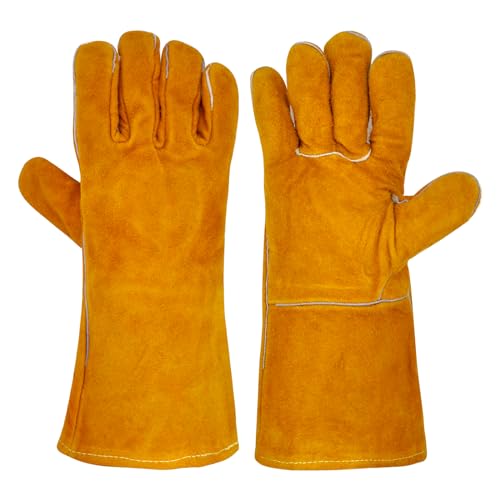 WOKICOR Feuerfeste Kaminhandschuhe und Grillhandschuhe Herren, Hitzeschutz Handschuh,Hitzebeständige Schweißerhandschuhe,Ofen Kaminofenhandschuhe, Braun, Robust Sicher,Handschuhe Hitzebeständig von WOKICOR