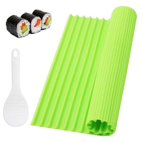 WOKICOR Sushi Matte mit Bringen Sie einen Reislöffel, Su-shi Rollwerkzeuge Su-shi Matte Silikon Geeignet Für Hausgemachtes und Grün Sushi Roller Langlebig von WOKICOR