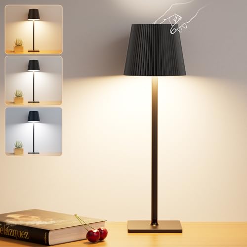 WOKWOYIO Kabellose Tischlampe, 3 Farbtemperatur Batterie, Dimmbare Touch LED Nachttischlampe, Höhenverstellbare IP54, Metall für Innen und Außen, Schwarz von WOKWOYIO