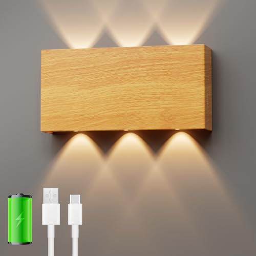WOKWOYIO Wandleuchte Innen, Akku Wandleuchte Touch Control 3 Farbtemperaturen, Stufenloses Dimmen LED Wandleuchte Kabellos für Flur Wohnzimmer (Holzfarbe ohne Bewegungsmelder) von WOKWOYIO