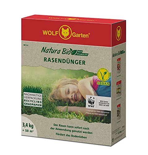 WOLF-Garten - Natura Bio Rasendünger NR 3,4 für 50m²; Verpackung aus Recycling Graspapier von WOLF Garten