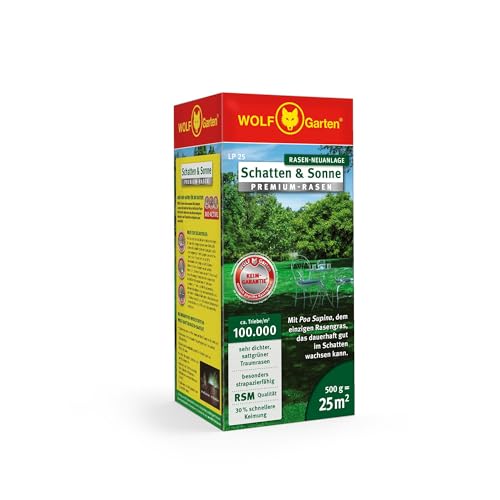 WOLF-Garten „Schatten & Sonne“ Premium-Rasen LP 25 (für 25 m², sehr hohe Dichte mit ca. 100.000 Trieben/m2, besonders strapazierfähig, hohe Schattenverträglichkeit, 500g Faltschachtel) 3820020 von WOLF Garten