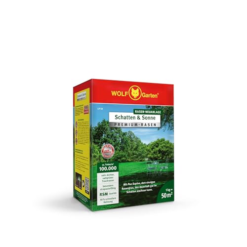WOLF-Garten „Schatten & Sonne“ Premium-Rasen LP 50 (für 50 m², sehr hohe Dichte mit ca. 100.000 Trieben/m2, besonders strapazierfähig, hohe Schattenverträglichkeit, 1kg Faltschachtel) 3820031 von WOLF Garten